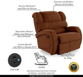 Poltrona do Papai Sala de Cinema Reclinável Kylie Glider Manual Giratória USB Veludo Terracota G23