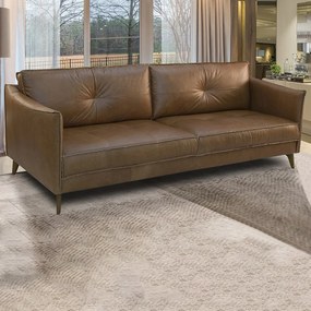 Sofá Sala de Estar Decorativo Living 204cm Pés de Madeira Peoria Couro Marrom Chocolate Manchado G93 - Gran Belo