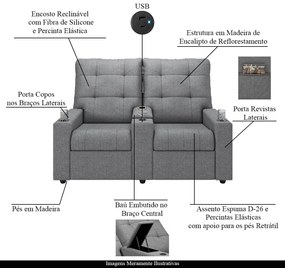 Poltrona do Papai Reclinável Sala de Cinema Movie 2 Lugares Manual Baú USB Linho Cinza G23