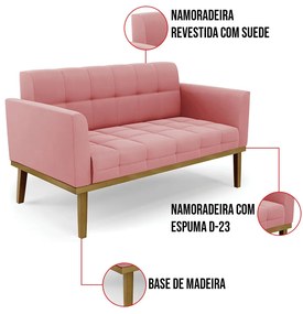 Sofá Namoradeira Base de Madeira Castanho Elisa Suede D03 - D'Rossi  - Rose