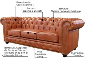 Sofá 3 Lugares Sala de Estar 235cm Chesterfield Pés Madeira Couro Conhaque G40 - Gran Belo