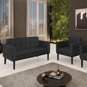 Conjunto Poltrona e Namoradeira Decorativa Karen Pés Fixo em Madeira Preto PU Preto G19 - Gran Belo