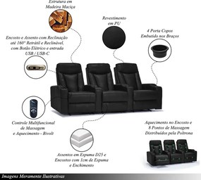 Poltrona 3 Lugares Sala de Estar e Cinema Califórnia Elétrica Reclinável Porta Copos Entrada USB/USB-C PU Preto G94 - Gran Belo