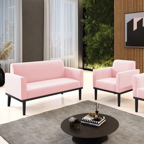 Sofá Namoradeira com Poltrona Base de Madeira Fixa Preto Marisa Suede  D03 - D'Rossi - Rosa Bebê