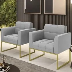 Poltrona Base Industrial Dourado Kit 2 Ana Suede Cinza - Ibiza