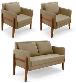 Kit 1 Sofá Namoradeira e 2 Poltronas Lana Suede Marrom Rato Base de Madeira - D'Rossi