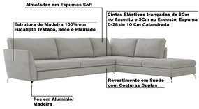 Sofá de Canto Chaise Direito 307 cm Olívia Suede Cinza G52 - Gran Belo