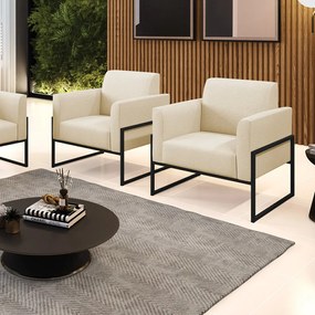 Kit 2 Poltronas Base Industrial Alta Preto Marisa Linho - A19 Bege