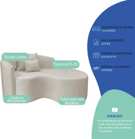 Kit Recamier Curvo Sala de Estar Inglaterra 150cm Lado Direito e 2 Poltronas Orgânica Luxo Amore Linho