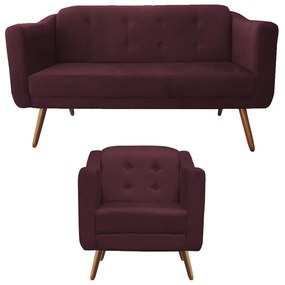 Kit Sofá Namoradeira + Poltrona Bruna Suede Bordô Pé Palito