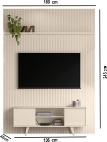 Painel TV 65 Pol 179cm Ripado Valen e Rack Bancada Korelli M20 - D'Rossi - Calacata(brilho)/Off White(brilho)