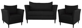Conjunto Sofá 2 Lugares com 2 Poltronas Pés Palito Lubbock Couro Preto G58 - Gran Belo