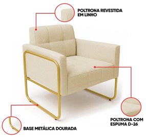 Poltrona Sala Industrial Alta Tubo Dourado Kit 2 Elisa Linho D03 - D'Rossi - Bege
