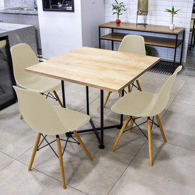 Kit 04 Cadeiras Eiffel Nude e 01 Mesa de Jantar 04 Lugares Jade 90 cm Natural Base Metálica Industrial Preto - D'Rossi