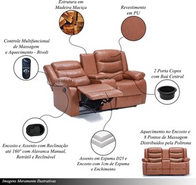 Sofá Reclinável Sala de Cinema 2 Lugares Massagem Aquecimento Hollywood Manual Porta Copos Baú Central PU Caramelo G94 - Gran Belo