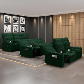 Poltrona do Papai Reclinável Sala de Cinema Movie 3 Lugares Manual Baú USB Veludo Verde Esmeralda