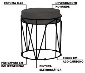 Puff Decorativo Sala de Estar Base Preto Chloe Suede Cinza G41 - Gran Belo