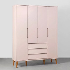 Guarda-Roupa Noah 4 Portas e 3 Gavetas com Pés Retrô Mel - Rosa Fosco