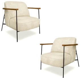 Kit 2 Poltronas Sala de Estar Pés em Ferro Preto Braço Madeira Maciça 86cm Thane Bouclê Bege G63 - Gran Belo