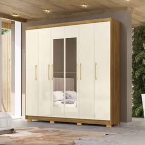 Guarda Roupa Com Espelho Pernambuco 6 Portas e 6 Gavetas Nature/Champanhe – Vila Rica Móveis