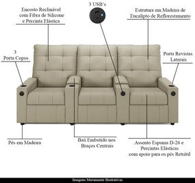 Poltrona do Papai Reclinável Sala de Cinema Movie 3 Lugares Manual Baú USB PU Bege