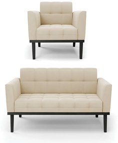 Conjunto Poltrona e Namoradeira Decorativa Karen Pés Fixo em Madeira Preto Suede Bege G19 - Gran Belo