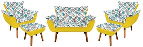 Kit 01 Namoradeira com 02 Poltronas e 02 Puffs Opala Composê Suede com Estampado Traçado Azul D33 Pés Palito Castanho - Amarelo