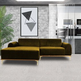 Sofá 3 Lugares Bipartido com Chaise Lado Direito Base de Madeira Euro 230 cm Veludo Mostarda G15 - Gran Belo