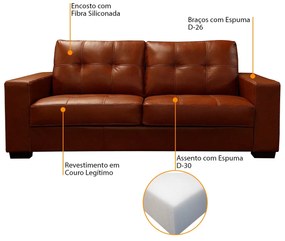 Sofá de Couro 3 Lugares Londres 206cm M06 Cor Conhaque com Brilho 457 - ADJ DECOR