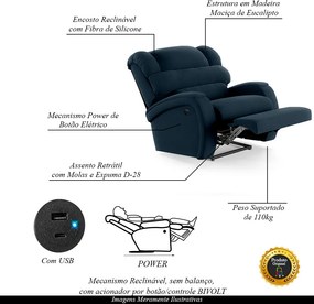 Poltrona do Papai Sala de Cinema Reclinável Kylie Power Elétrica USB Veludo Azul G23