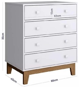 Cômoda Retrô Infantil 4 Gavetas Pés Amadeirado - Branco