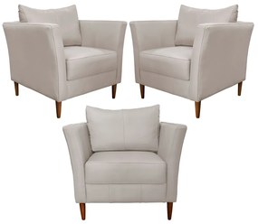 Kit 3 Poltronas Decorativa Sala de Estar Pés Palito Lubbock Couro Off White G58 - Gran Belo