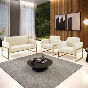 Sofá Namoradeira com 2 Poltronas Base Industrial Alta Dourado Marisa Veludo - Bege
