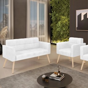 Kit 1 Sofá Namoradeira e 1 Poltrona Elisa Corano Branco Pés Palito Natural - D'Rossi
