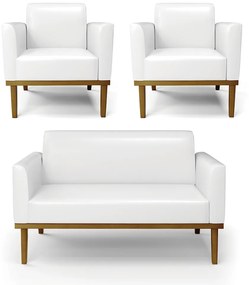 Sofá Namoradeira com 2 Poltronas Base de Madeira Fixa Castanho Marisa Corano D03 - DRossi - Branco