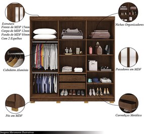 Guarda Roupa Casal Doral 6 Portas de Bater 2 com Espelhos 2 Gavetas Nogueira G98 - Gran Belo