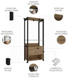 Guarda Roupa Solteiro Closet 73cm 2 Gavetas Una Mel/Preto C01 - Mpozen