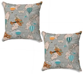 Kit 02 Capas para Almofada Tecido Estampado Mapa Mundi D75 42x42 cm - D'Rossi