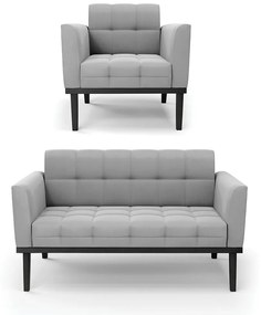 Conjunto Poltrona e Namoradeira Decorativa Karen Pés Fixo em Madeira Preto Suede Cinza G19 - Gran Belo
