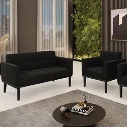 Sofá Namoradeira e 1 Poltrona Base Madeira Preto Ana Suede Preto - Ibi