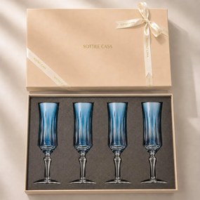 Kit 4 Taças de Cristal Flauta Lapidado 66 p/ Champanhe c/ Caixa de Presente - Azul Claro  Azul Claro