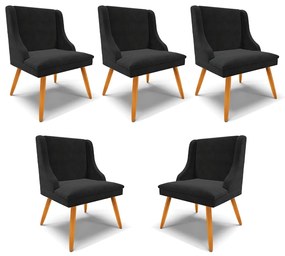 Kit 5 Cadeiras Decorativas Sala de Jantar Pés Palito de Madeira Firenze Suede Preto/Natural G19 - Gran Belo