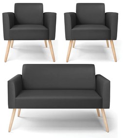 Sofá Namoradeira com 2 Poltronas Pés Palito Natural Marisa Corino D03 - D'Rossi - Preto