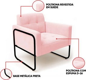 Poltrona Sala Industrial Alta Tubo Preto Kit 2 Elisa Suede D03 - D'Rossi - Rosa Bebê