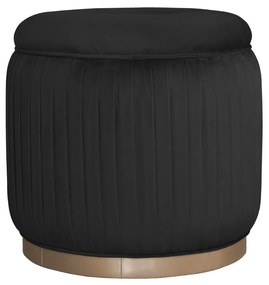 Puff Redondo Drapeado Estofado Nuni - Dourado Soleil - Tecido Veludo Preto Kleiner