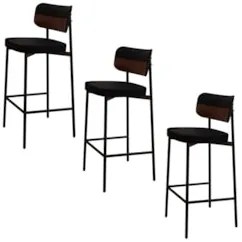Banqueta Alta Bar Estofada Kit 3 Ella M25 Linho Preto/Marrom - Mpozena