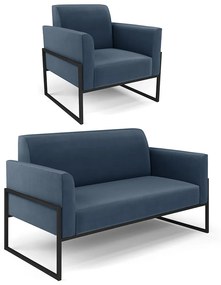 Sofá Namoradeira com Poltrona Base Industrial Alta Preto Marisa Suede D03 - D'Rossi - Azul Marinho