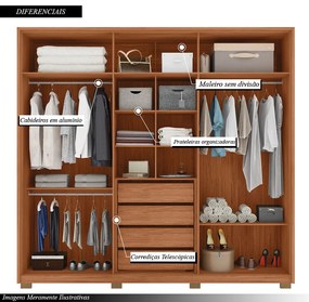 Guarda Roupa Casal Nilus 6 Portas com 2 Espelhos 4 Gavetas Ripado MDP Freijo/OffWhite G11 - Gran Belo