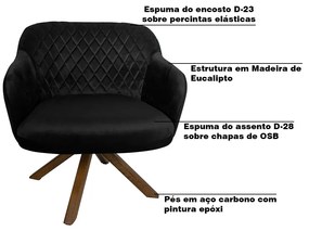 Poltrona Decorativa Kitana Pés Madeira Giratório Veludo Preto G15 - Gran Belo