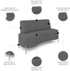 Sofá 2 Lugares 135cm Pés Aço Dourado Tamar Boucle Grafite Z08 - Mpozen